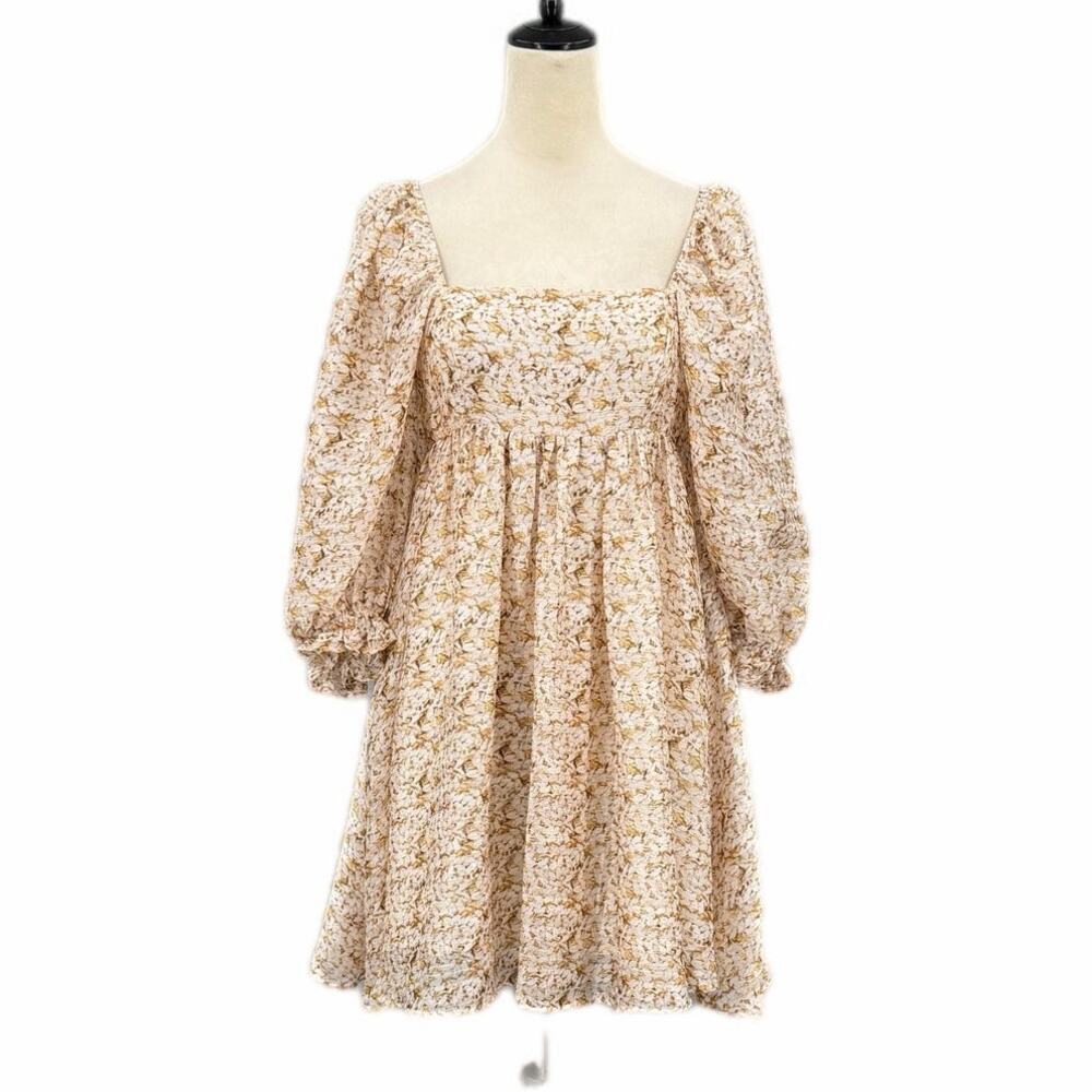 Storia Yellow Neutral Garden Floral Print Puff Sleeve Cottagecore Babydoll Dress